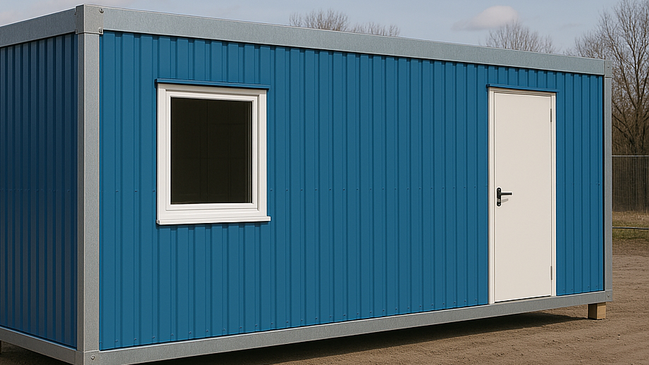 Blå byggbod med vit dörr och vitt fönster.