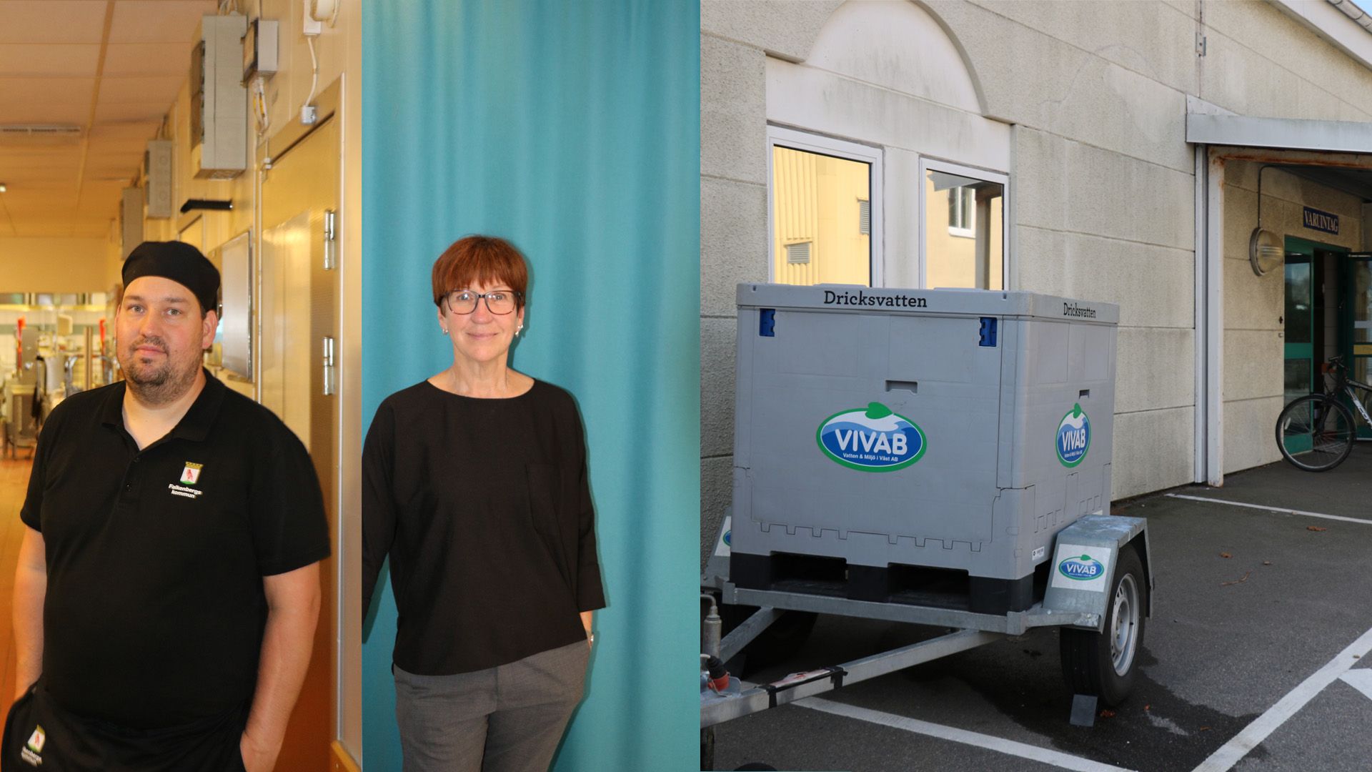 Tre bilder: Robert Herrström står i ett kök, Agneta Elofsson stående och en nödvattentank utomhus.