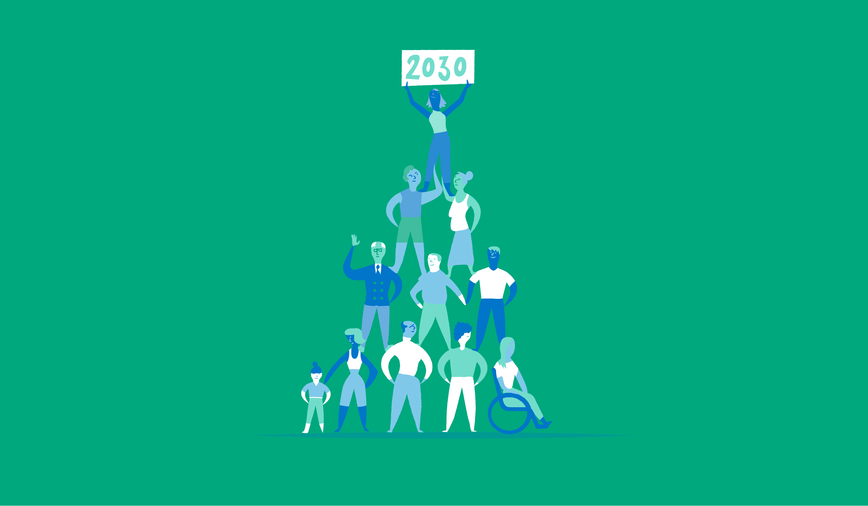 En illustration som visar människor som formar en pyramid, där personen högst upp håller en skylt där det står "2030".