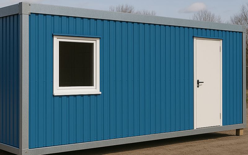 Blå byggbod med vit dörr och vitt fönster.