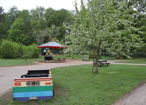 Leksaksbil med grön gård i bakgrunden