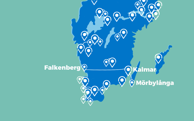 Karta över södra Sverige som pekar ut Falkenberg, Kalmar, och Mörbylånga.