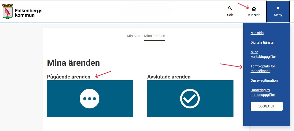 Startsida till Min sida, pilar pekar på Min sida, Pågående ärenden och tomtköplats för medsökande.