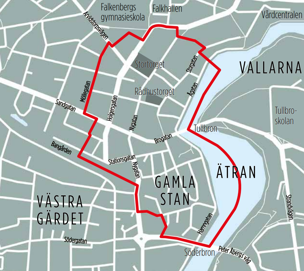 Riktlinjerna för uteserveringar gäller inom markerat område på kartan.