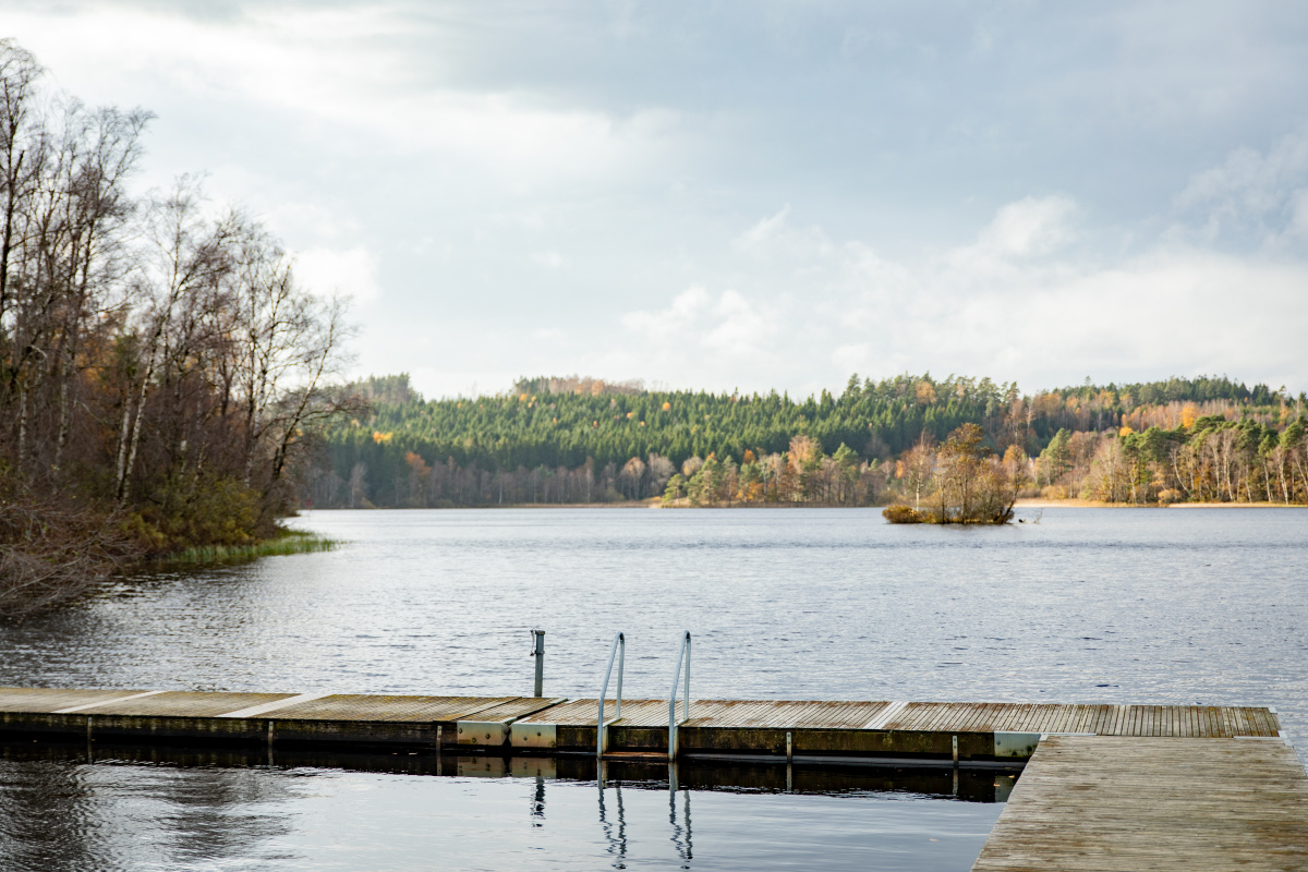 Bild på Ljungsjön, vinterbad, med badbrygga och stege.