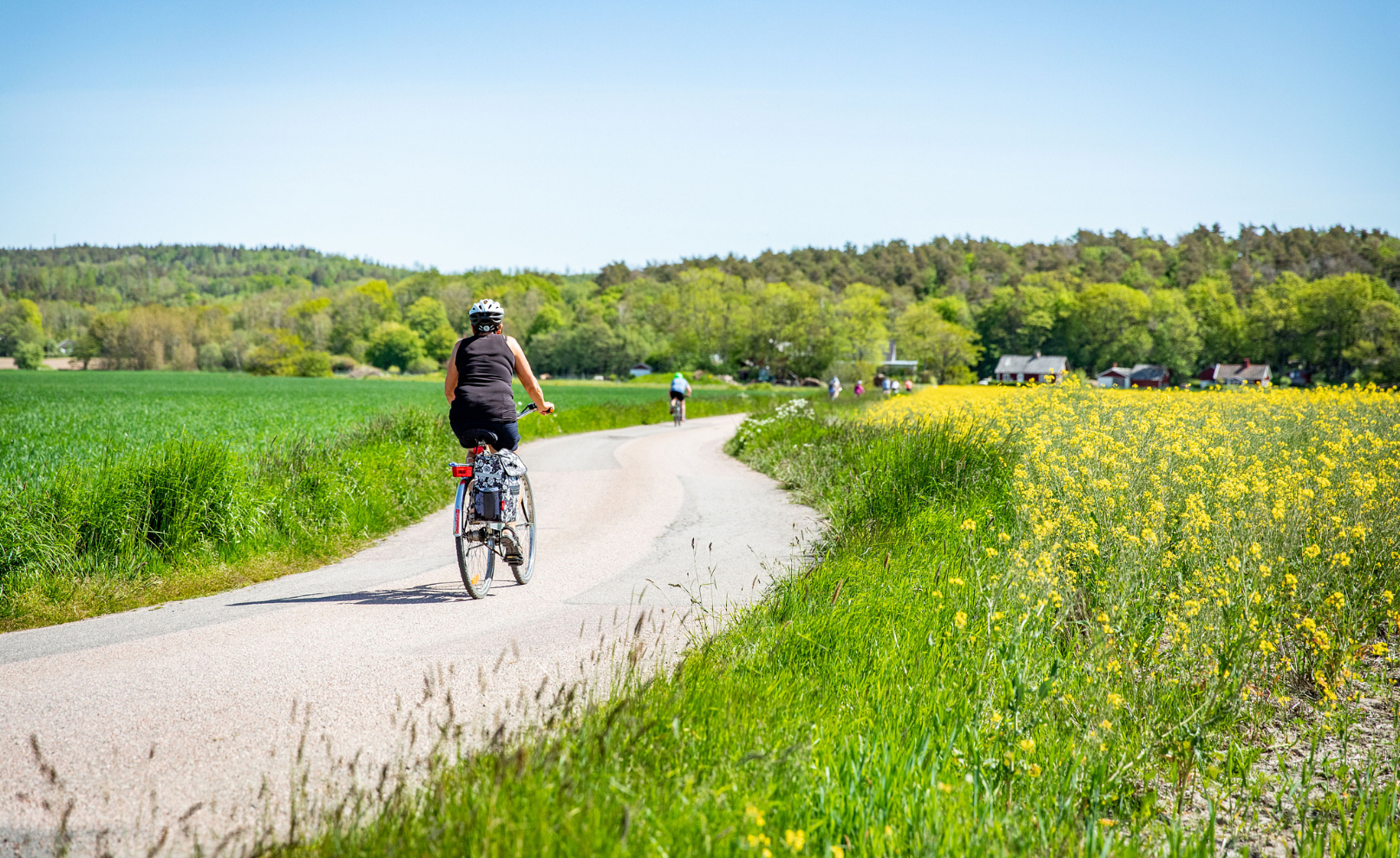 Person cyklar på landsväg.