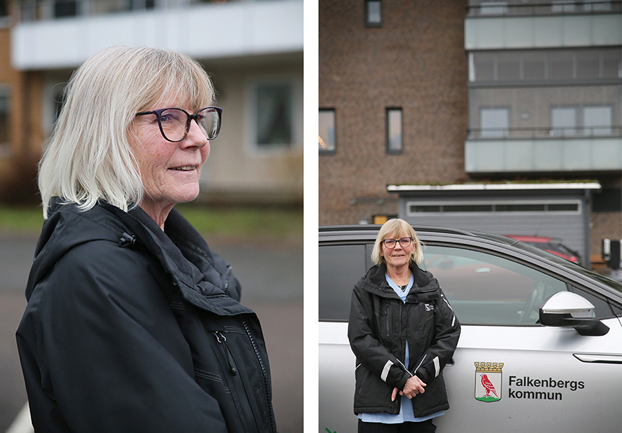 Två porträtt på äldre kvinna med blond page och glasögon. 