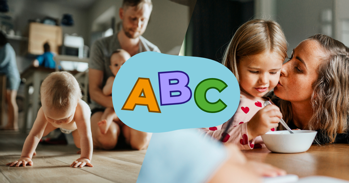 Montage av bilder av föräldrar och barn. Text i bild: ABC