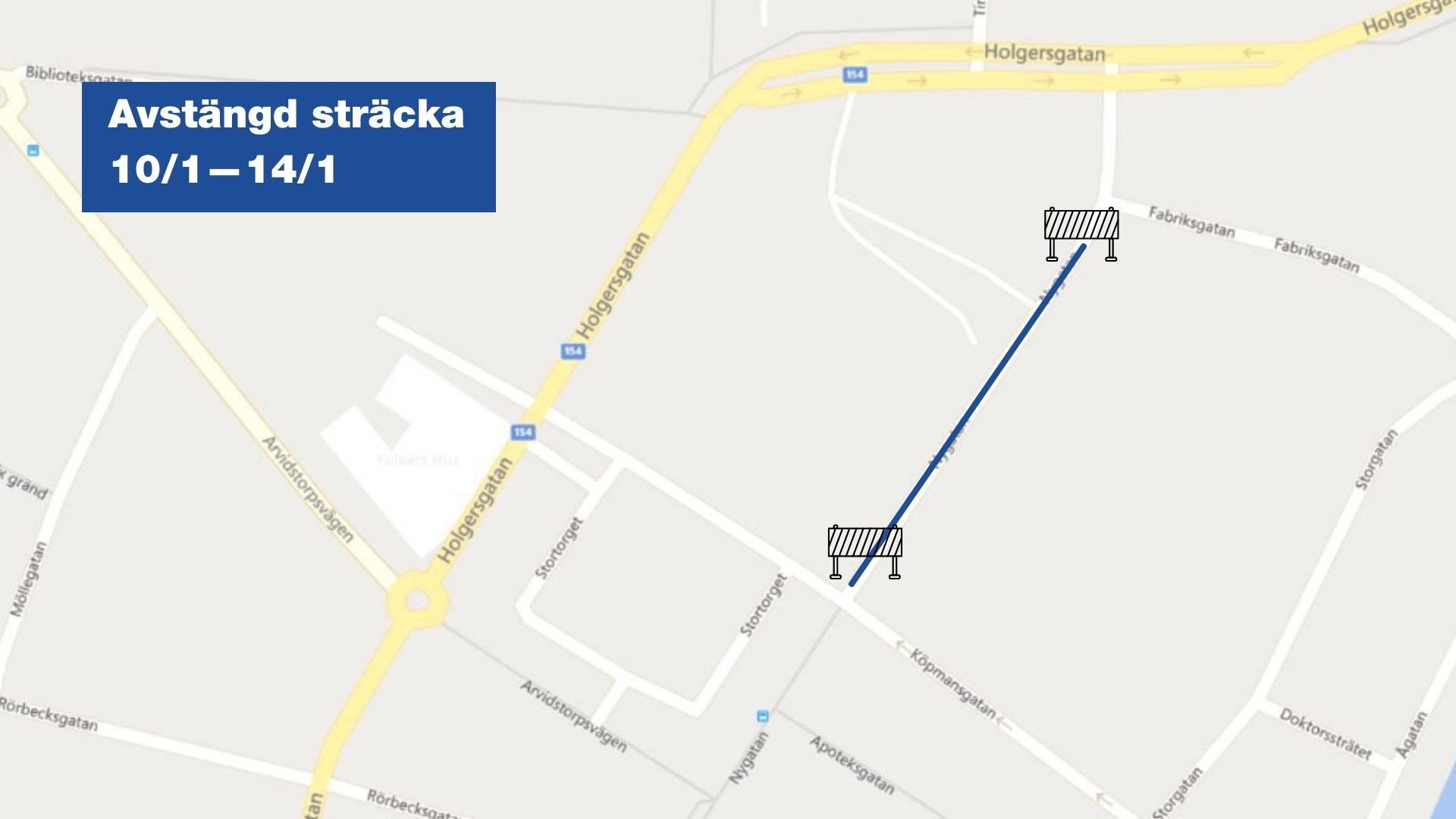 Kartbild som visar sträckan som är avstängd. Följande sträcka är helt avstängd för fordonstrafik 10/1.- 22 – 14/1 – 22: Sträckan från Nygatan/Fabriksgatan till korsningen Nygatan/Köpmansgatan.