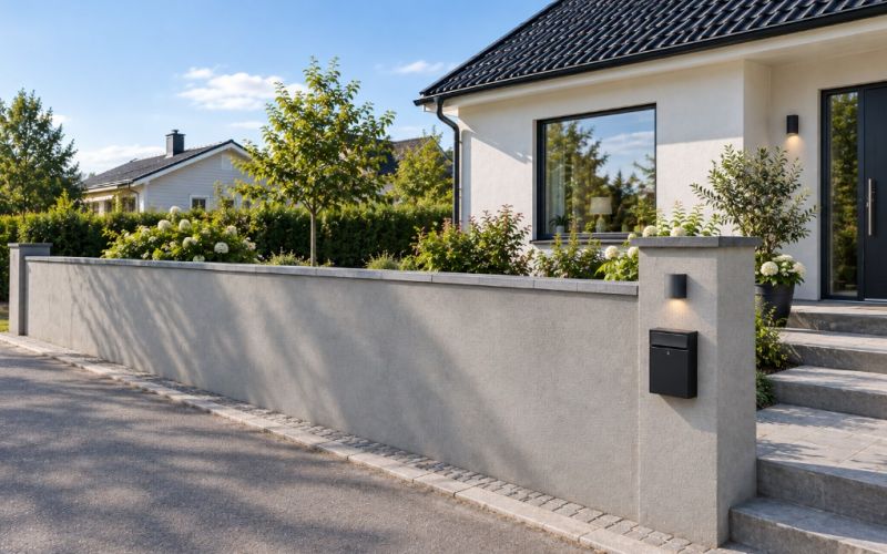 Ljus, putsad stenmur framför bostadshus.