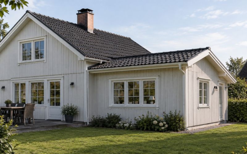 Vitt trähus med en tillbyggnad i trä och fönster som sitter ihop med huvudbyggnaden.