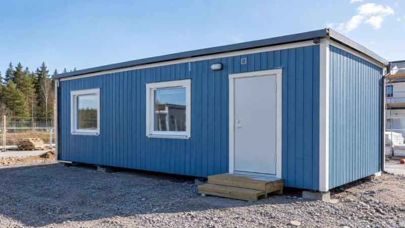 Blå byggbod med vit dörr och vita fönster.