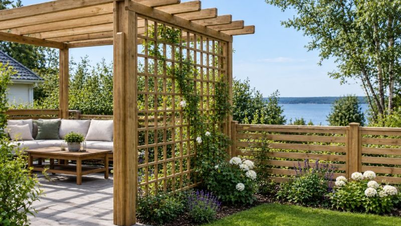 Pergola i trä i grönskande trädgård och havsutsikt.