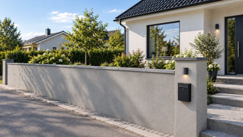 Ljus, putsad stenmur framför bostadshus.