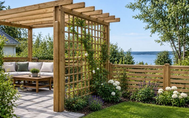 Pergola i trä i grönskande trädgård och havsutsikt.