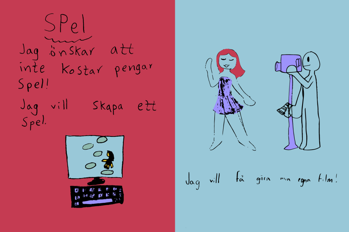 Tecknad bild av en dator där ett spel spelas och en person som filmas av en filmkamera.