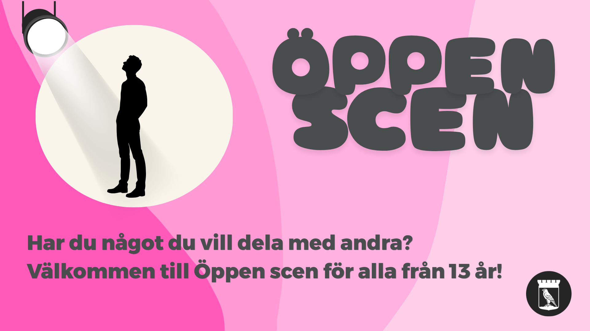 Grafisk bild med rosa bakgrund som presenterar Öppen scen.