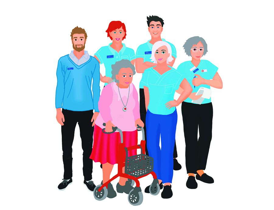 Illustration på en äldre dam med rullator som står omgiven av personal.