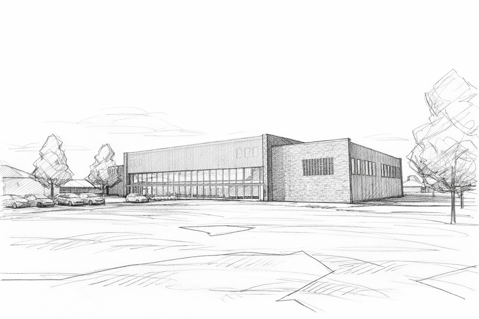 Modellbild över det nya badhuset från Liljewall arkitekter, med AI-genererad skisstil. 