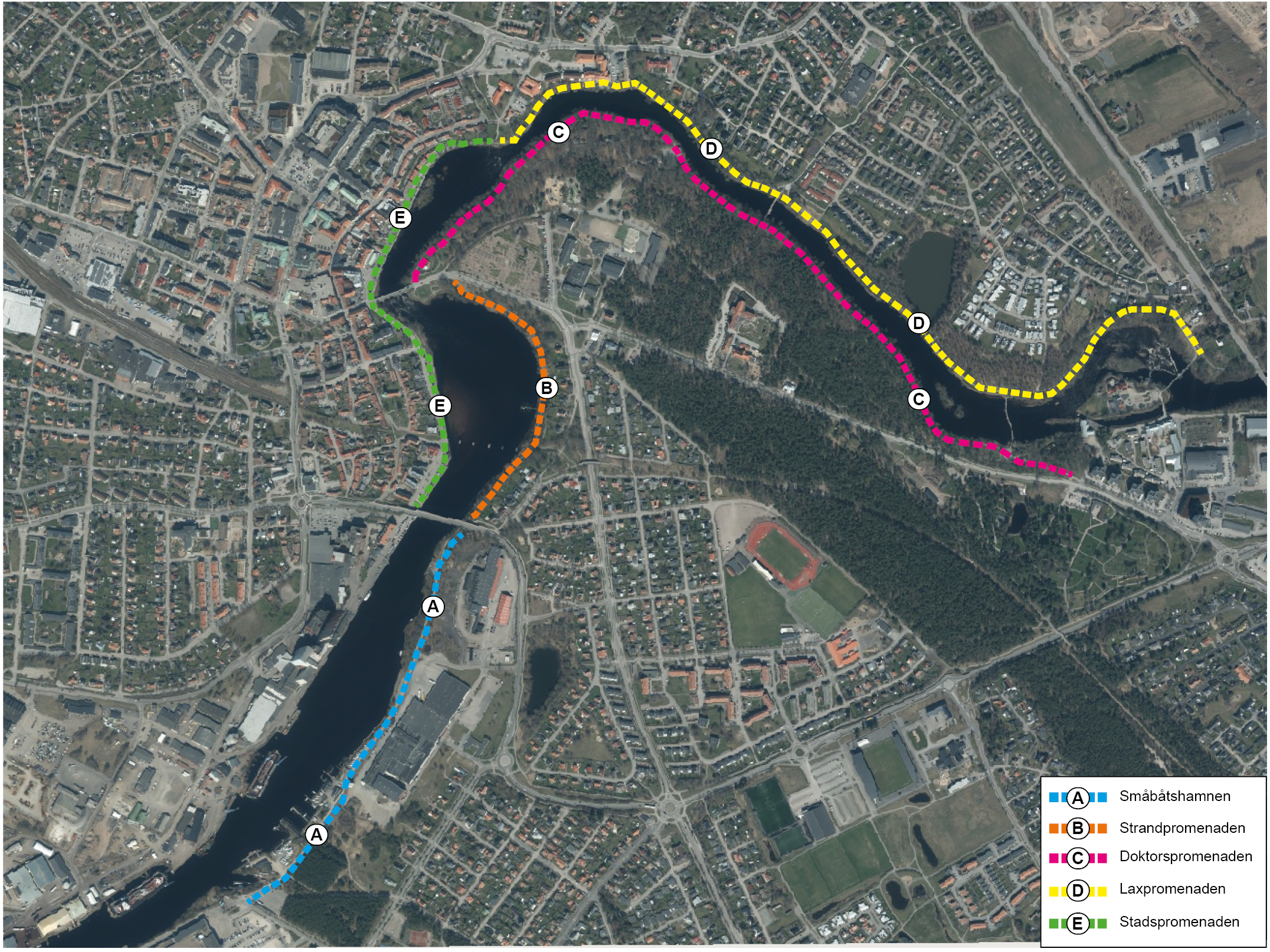 Karta som visar de olika promenadstråken längs Ätran.