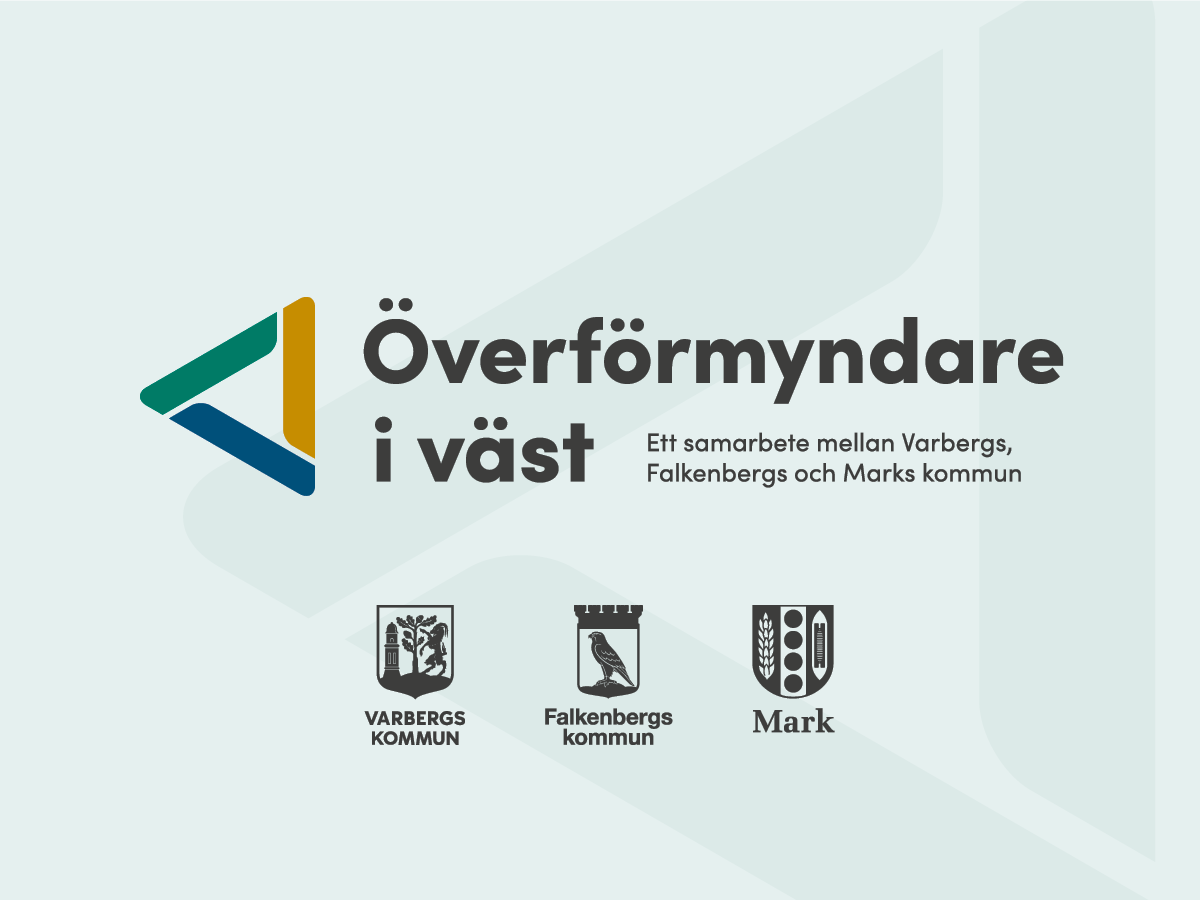 Logotypen för Överförmyndare i väst. Den består av en triangel i tre färger och de tre ingående kommunernas logotyper, samt texten Överförmyndare i väst. Ett samarbete mellan Varbergs, Falkenbergs och Marks kommuner.