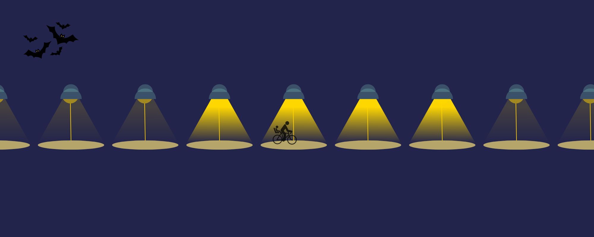 En illustration som visar hur lampor på en cykelväg tänds när någon cyklar där, men släcks när de cyklat förbi.