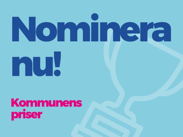 En turkos platta där en grafisk pokal syns. Text: Nominera nu! Kommunens priser.