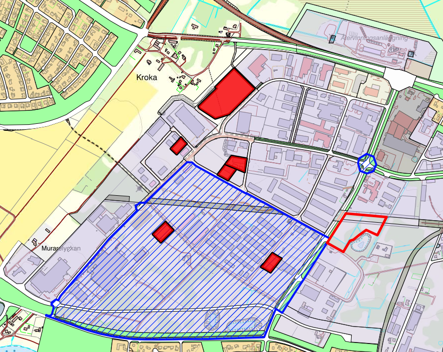 Kartbild med röda markeringar där kommunen har tomt till salu