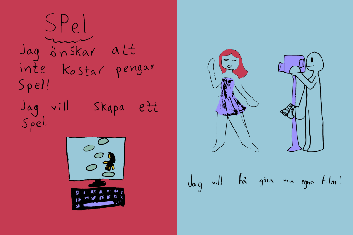 Tecknad bild av en dator där ett spel spelas och en person som filmas av en filmkamera.