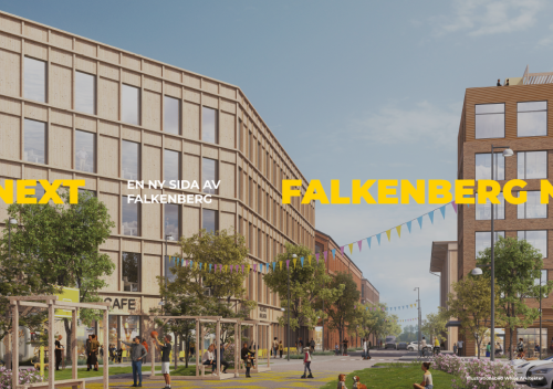 Illustrationsbild (framsida av broschyr) med texten Falkenberg Next.