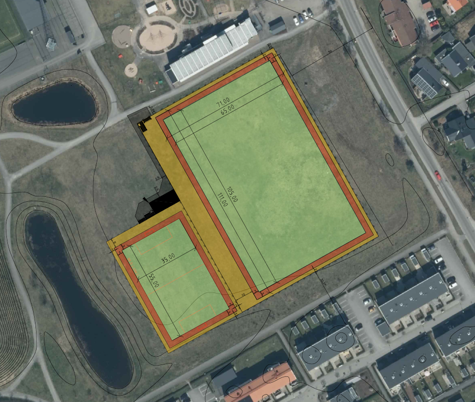 Skiss på hur fotbollsplanerna kommer placeras.