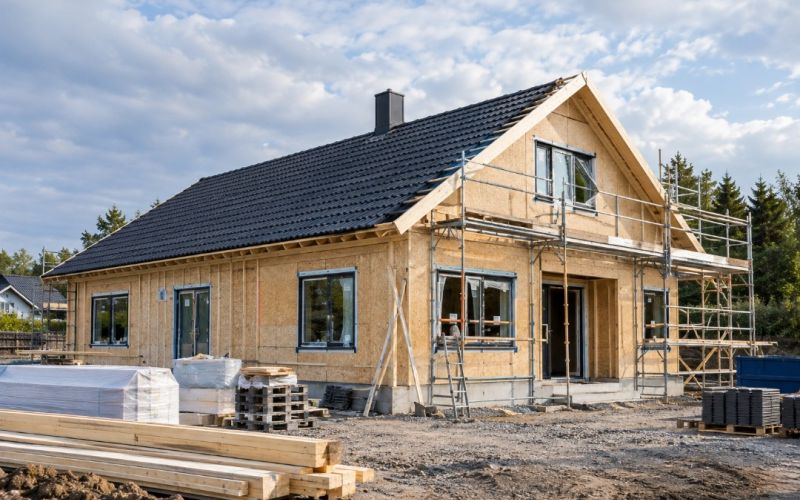 Hus som håller på att byggas med byggnadsställningar.