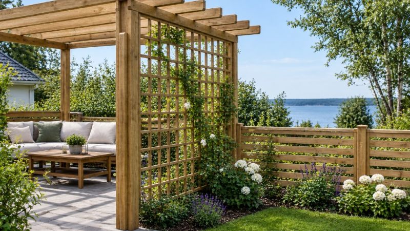 Pergola i trä i grönskande trädgård och havsutsikt.