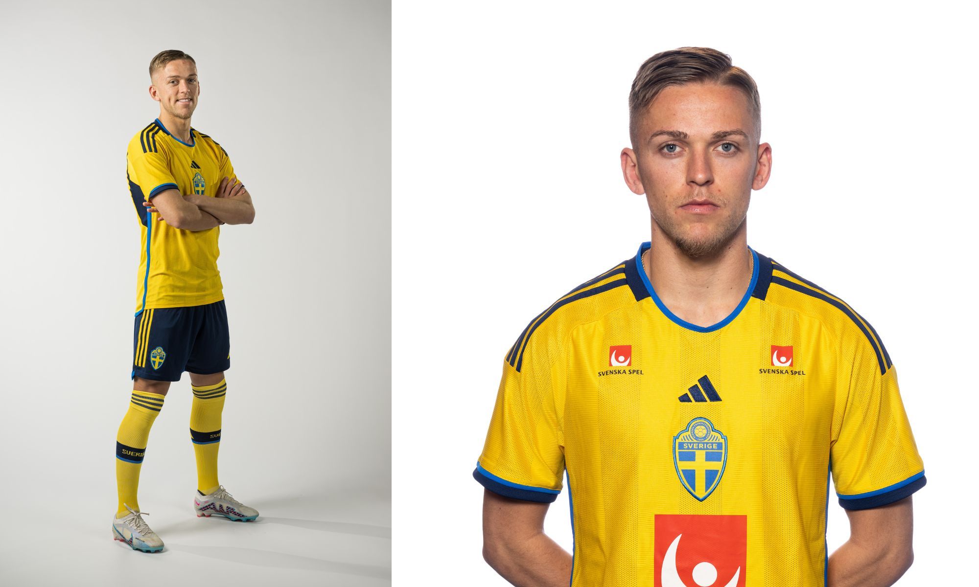 Jesper Karlsson i gul landslagströja fotboll. Helbild och porträttbild bredvid varandra.