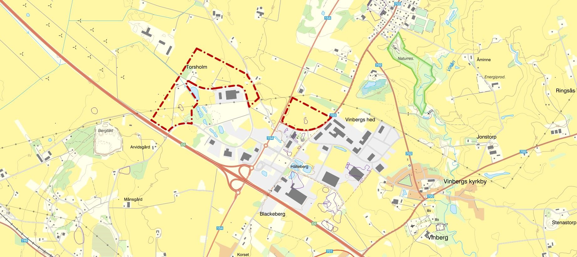 Kartutdrag planområde blåmarkerat