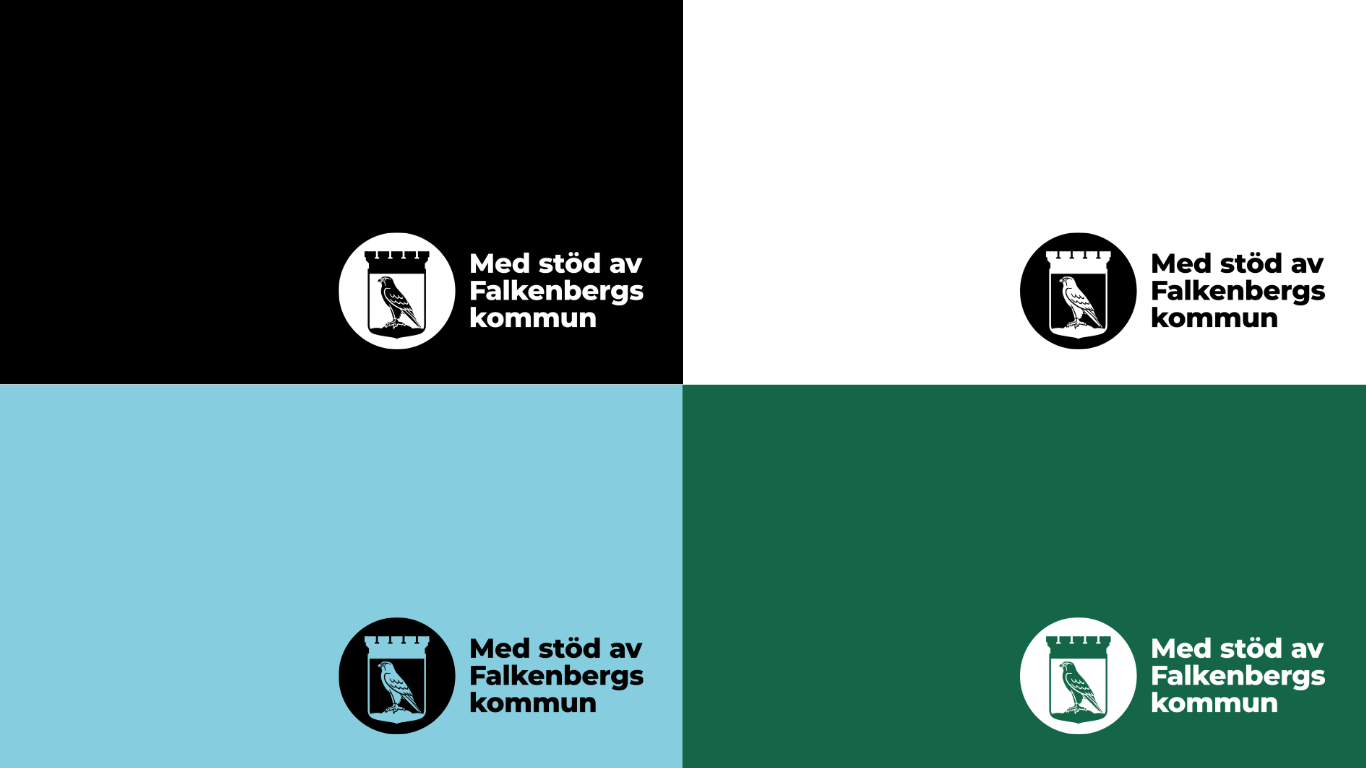 En bild med fyra rektanglar som visar placeringen av logotypen mot olika bakgrundsfärger, vit, svart, ljusblå och mörkgrön..