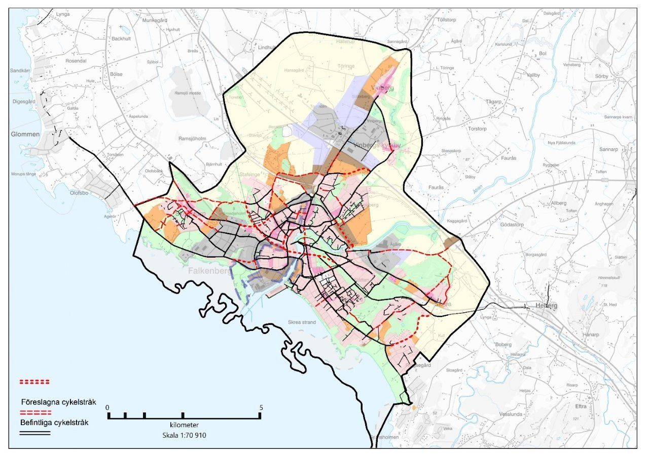 Kartbild över cykelstråk i Falkenberg.