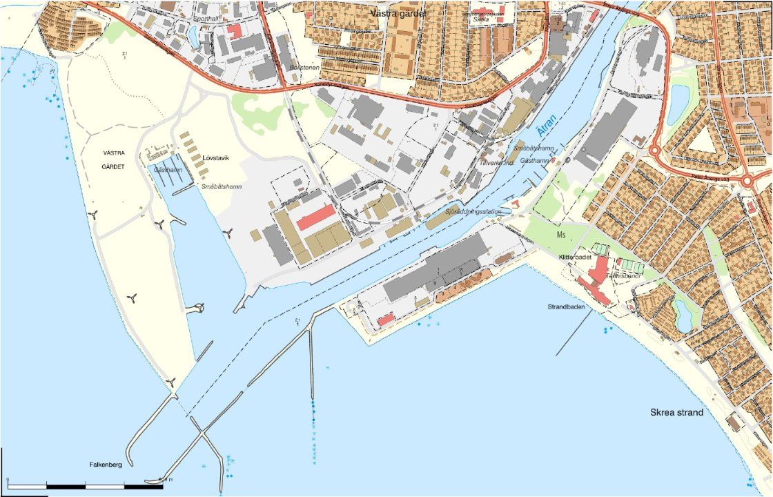 Översiktskarta som visar Falkenbergs hamn och de fastigheter som berörs av vattenverksamheten.
