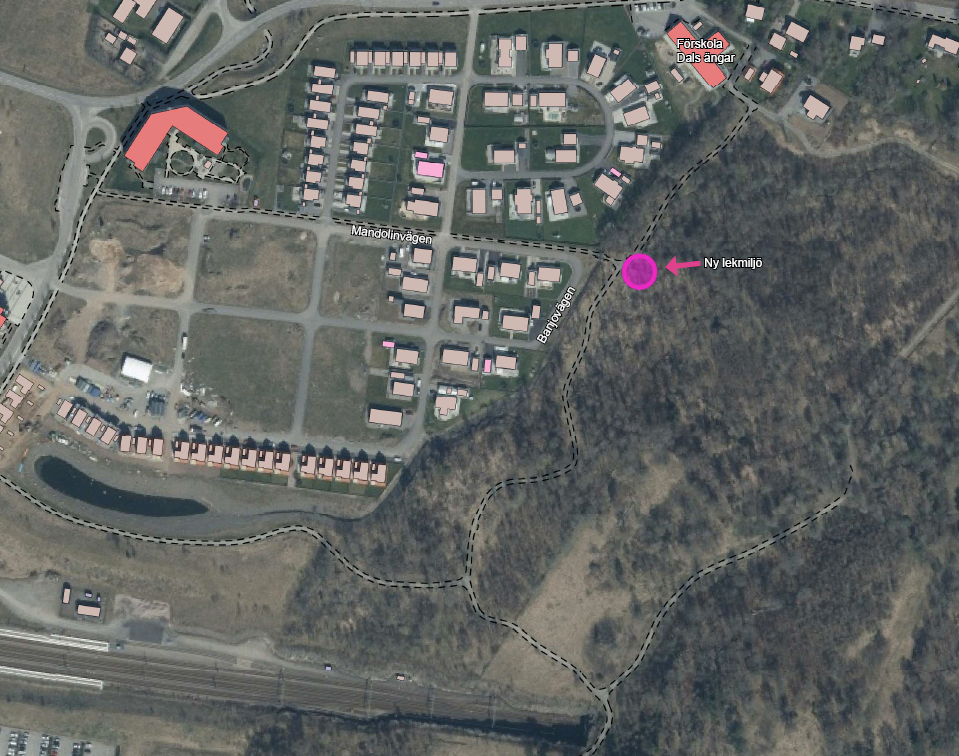 Kartvy som visar var den nya lekplatsen ska vara.