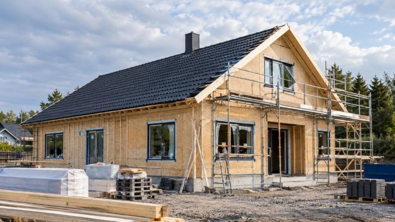 Hus som håller på att byggas med byggnadsställningar.