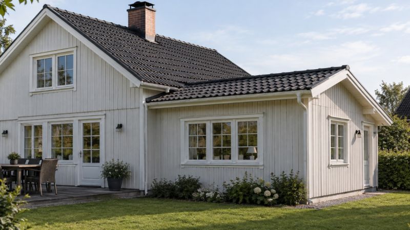 Vitt trähus med en tillbyggnad i trä och fönster som sitter ihop med huvudbyggnaden.